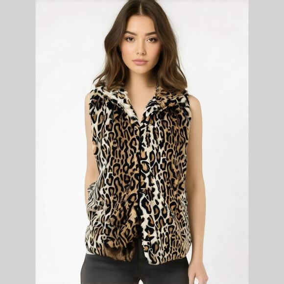 Cejon Brown Leopard Animal Print Faux Fur Sleeveless Zip Vest Jacket Women Sz M - Picture 1 of 14
